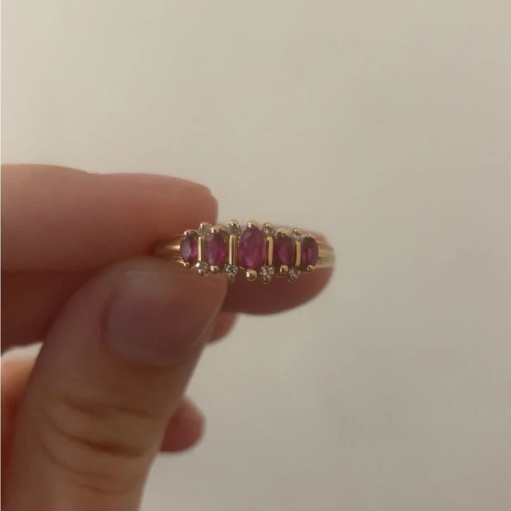 14k Solid Gold Antique Diamond and Pink Gemstone Ring - Picture 3 of 6